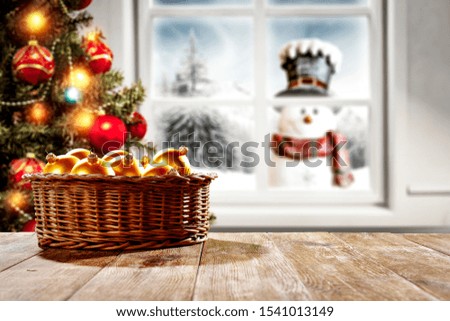 Table background of free space and winter window 