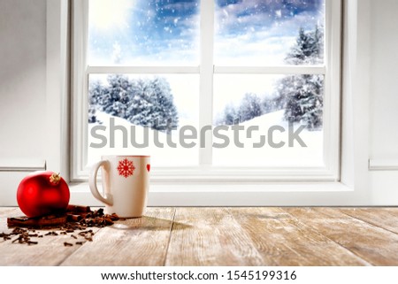 Table background of free space and winter window background 