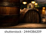 table background of free space for your wine bottle or food on top and dark retro interior of barrels . High quality photo