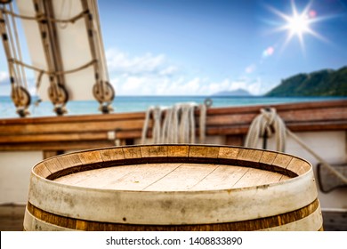 Table background of free space for your decoration and background of old ship and ocean landscape 