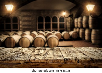 Table background of free space for your decoration and interior with barrels 