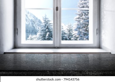 Table Background And Window Of Winter Time. 