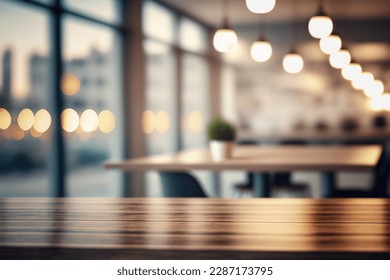 Table with blur background of corporate office conference room with glass interior for office product place on the table defocus office background. The office table made of wood. Corporate room.
