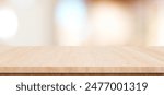 Table and blur background, Wooden counter over blur bokeh light background, Brown wood table top, shelf for food and retail shop, store product display backdrop, banner, mockup, template 