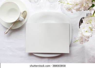 Table Card, Menu Mockup. Wedding Fashion Photography. Place, Reserved, Invitation. White Beautiful Dishware.