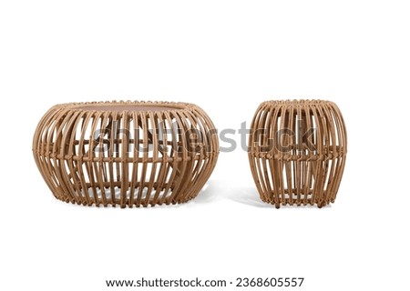 table and chairs made of rattan in the shape of a circle on a white background