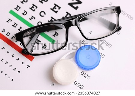 A table for checking vision, contact lenses and glasses with a colored background.