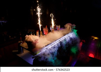 Table With Cocktails And Dry Ice. Cocktail Party.