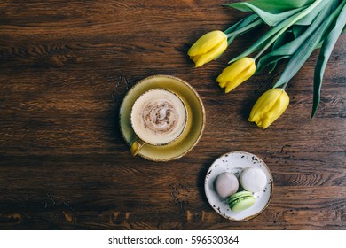 Table, coffee, macarons. Top view, flat lay