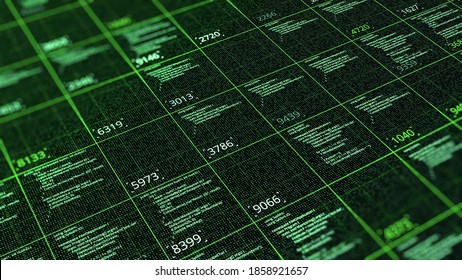 Table with computer calculations. Animation. Computational computer codes with numerical results in cells. Structured table with matrix-style calculations
