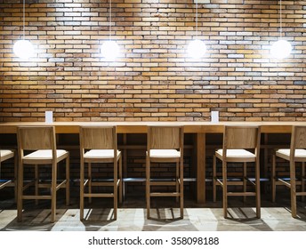 Table Counter Bar With Chairs And Lights Brick Wall Background Hipster Loft Interior