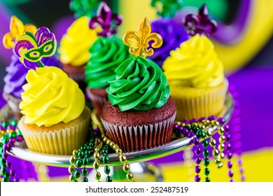 Table Decorated For Mardi Gras Party.