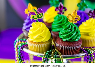 Table Decorated For Mardi Gras Party.