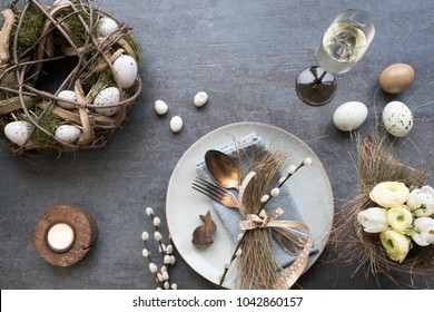 Table Decoration With Champagne For A Festive Easter Dinner