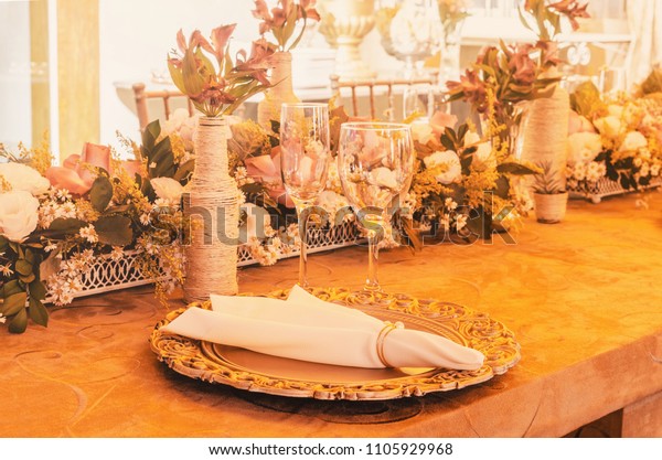 Table Decoration Golden Sousplat Napkin Glass Stock Photo Edit