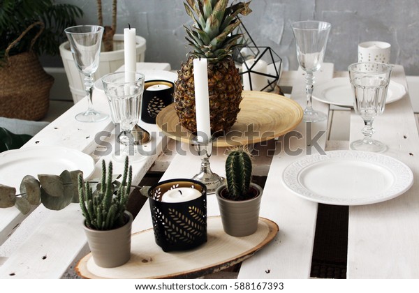 Table Decorations Boho Style Pineapple Cactus Royalty Free Stock