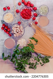 Table Flatlay Set With Chicken Spagetti Ingredients Recipe