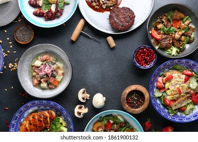 table food top view. Set of dishes on the table. international mix set foods. vegeterian and meat and raw