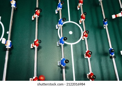 Table Football With Red And Blue Figures Close Up