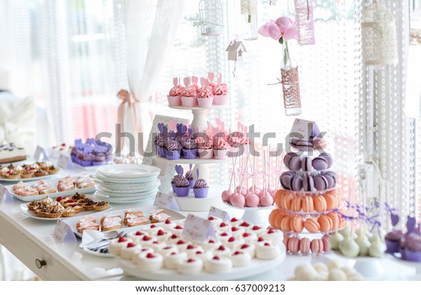 Table Full Cakes Sweets Wedding Reception Food And Drink Stock