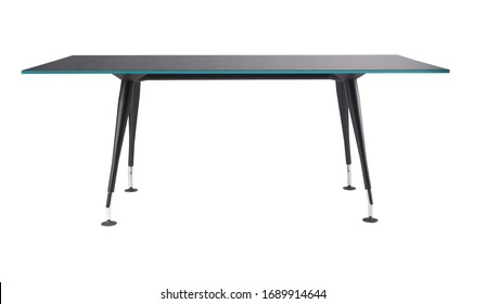 Table With Glass Top And Metal Structure, Front View, Isolated On White Background