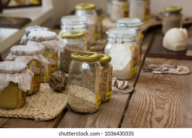 table with jars in the interior of an old windmill in the southern poland in schlesien