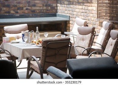 Table Layout In The Interior Of The House For Receiving Guests At The Party. Vertical Photo