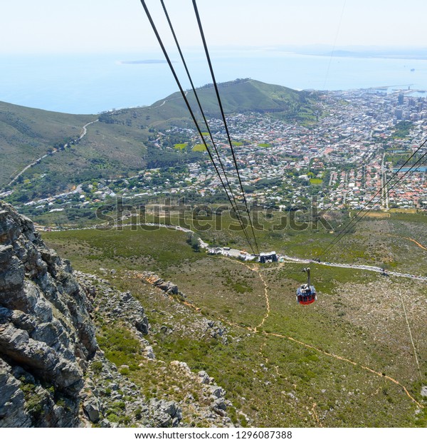 Table Mountain Cape town South Africa. 2nd October\
2017 Rotating Cable car from top of Table Mountain with the capital\
city far below.