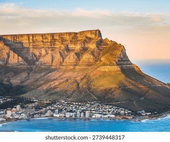 Table Mountain landscape in Cape Town with iconic flat-top peak overlooking city and ocean. Famous South African landmark ideal for travel, nature, and outdoor photography.