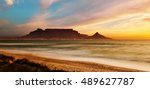 Table Mountain Panoramic Landscape with Beautiful Colorful Sunset and Streaking Clouds Landscape, Cape Town, South Africa
