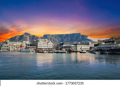 Table mountain waterfront boats and shops in Cape Town South Africa