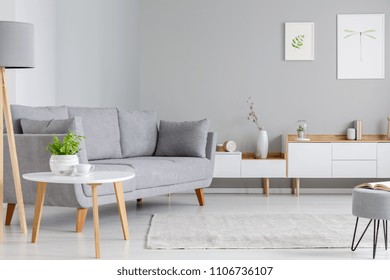 Table Next To Grey Sofa In Scandi Living Room Interior With Posters Above Cupboard. Real Photo