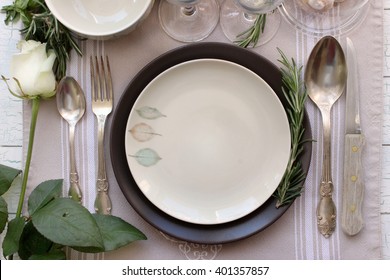 Table Place, Menu Card Mockup.  Vintage Fashion Photography. Wedding Dinner Design. Beautiful Dishware. European Traditional Style.