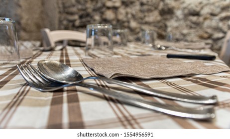 Table Ready By Typical Italian Restaurant, Rustic Tavern.