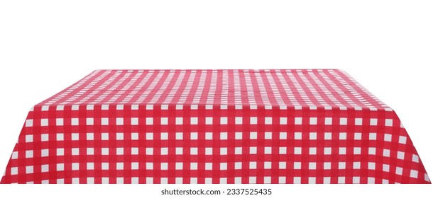 Table with red checkered tablecloth isolated on white