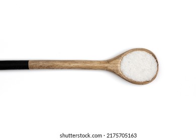 Table Salt Isolated On White Background, White Crystals Sea Salt In Wooden Spoon, Top View