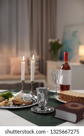 Table Served For Passover (Pesach) Seder Indoors, Space For Text