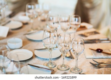 Table Set For An Classy Event - Close Up On The Three Glasses In-line