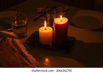 Table Set For Dinner By Candlelight. Blackout Concept, Power Cut