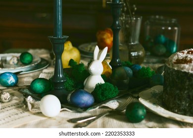 Table Set For Easter On Veranda On Sunny Spring Day Decorated With Flowers And Easter Decor, Eggs, Cake And Willow Branches, Easter Family Celebration, Grain And Noisy Effect