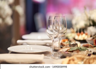 Table set for an event party or wedding reception. Banquet table design