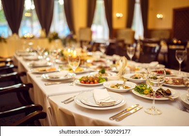 Table set for an event party or wedding reception. 
