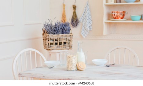 Table Set For A Family Breakfast Oatmeal And Milk / Dietary Breakfast