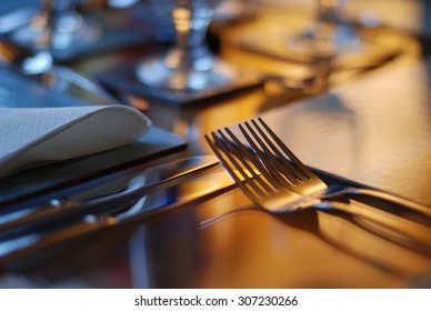 Table Set For Fine Dining With Cutlery And Glassware