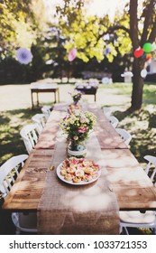 Table Set For A Garden Party Or Celebration Outside.