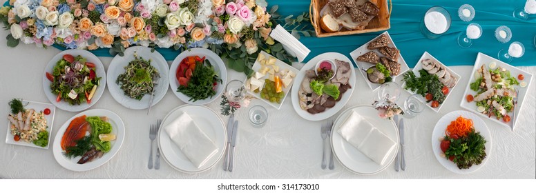 Table Set And Salad For A Wedding Reception Top View