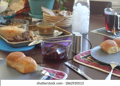 A Table Set With Thanksgiving Food 3011