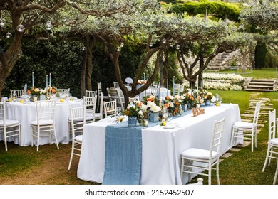 Table set for wedding or another catered event dinner in the garden