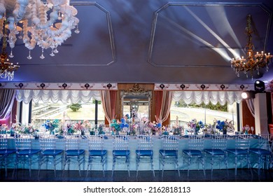 Table set for wedding or another catered event dinner.