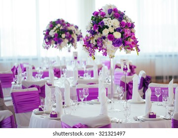 Table set for wedding or another catered event dinner. 